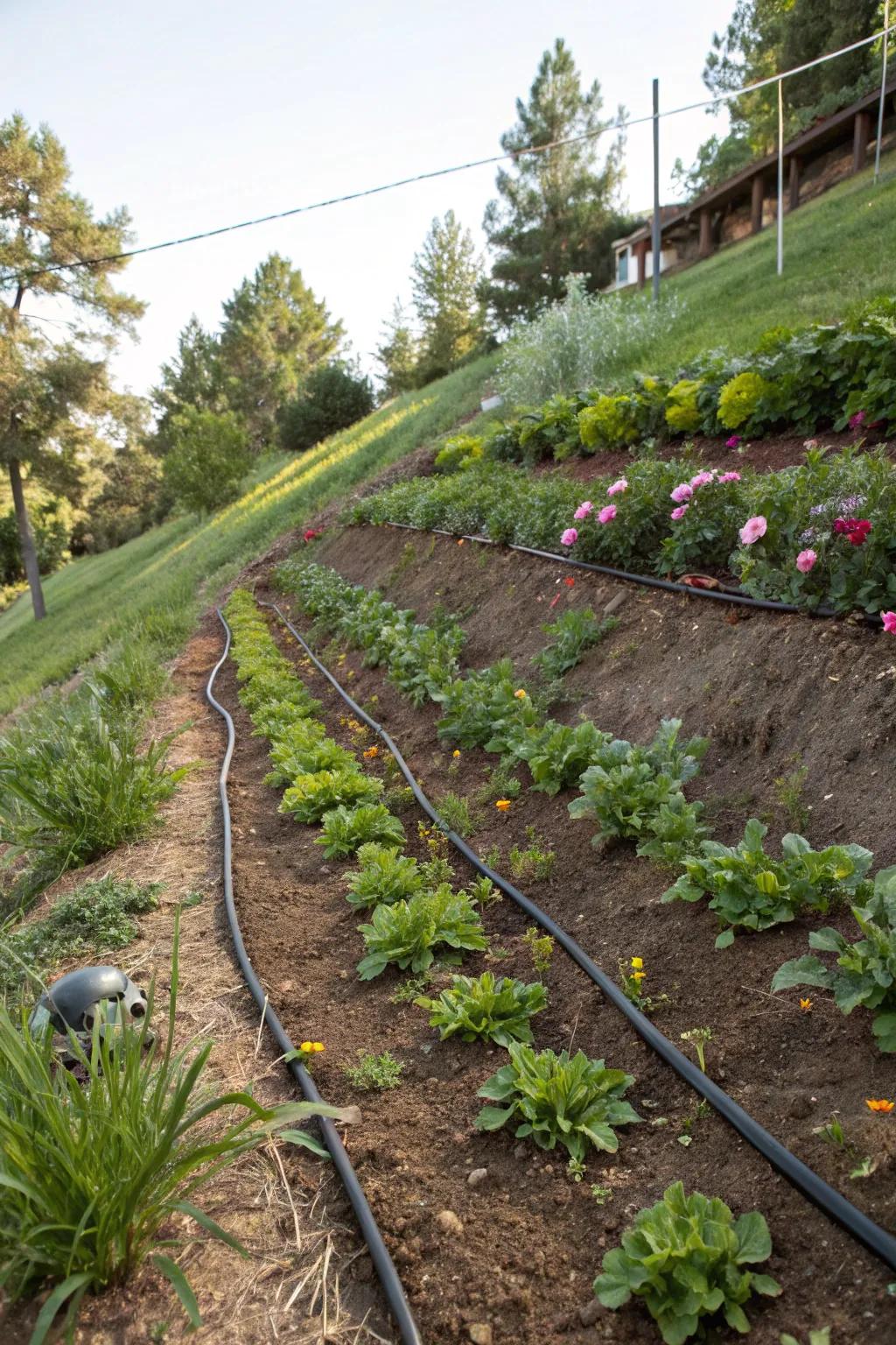 A sloped garden efficiently watered by a drip irrigation system.