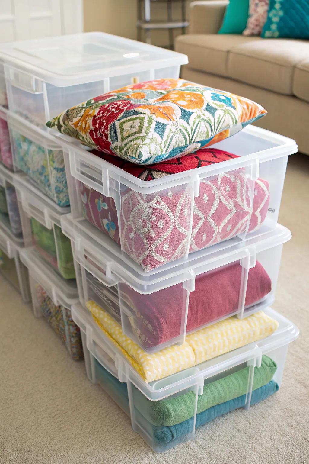 Clear storage bins offer visibility and protection for cushion storage.