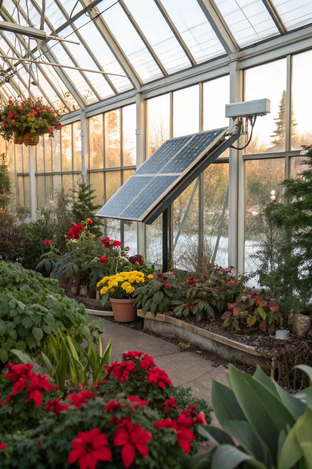 A solar heater sustainably boosts warmth in a winter greenhouse.