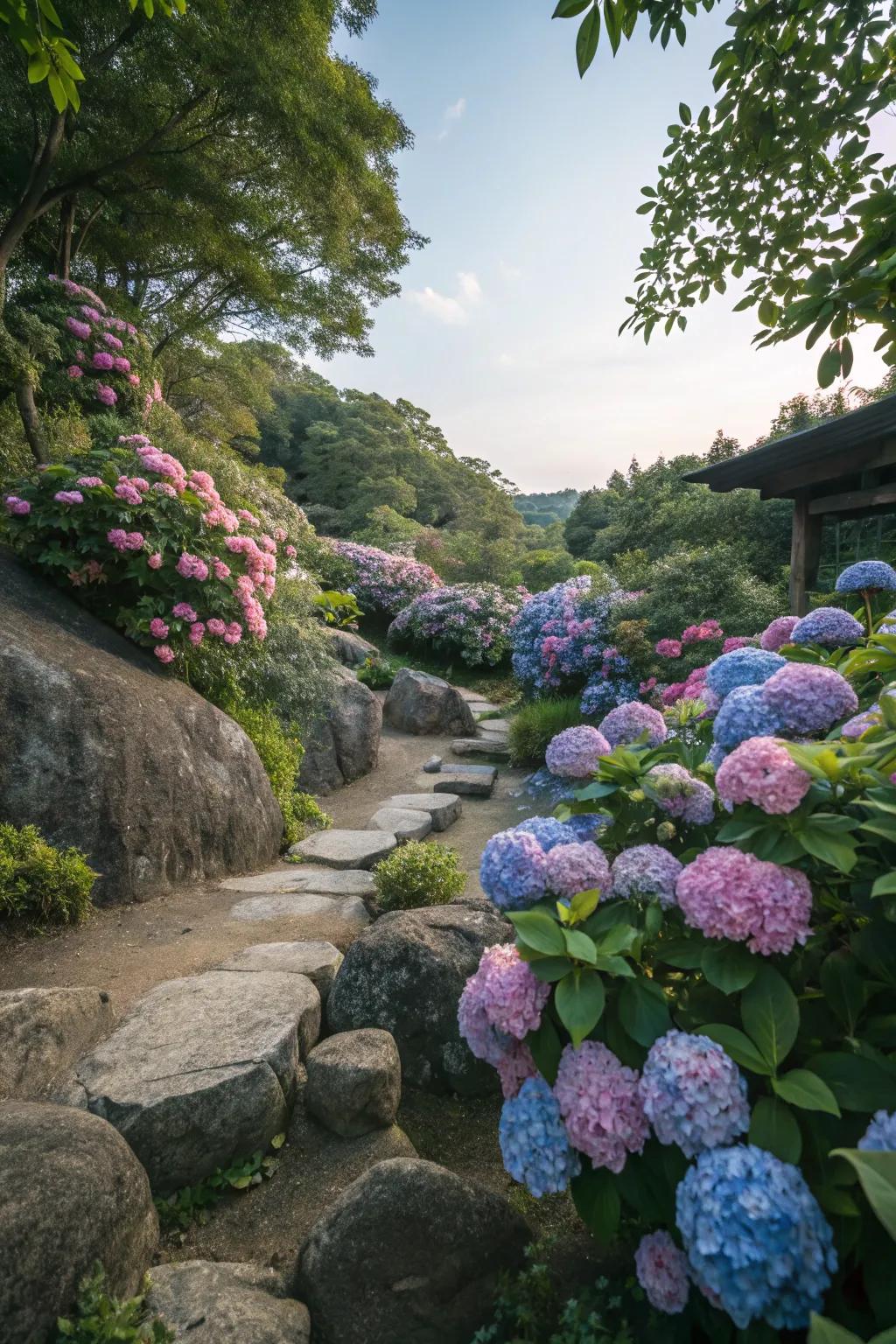 Hydrangeas paired with rocks create a serene garden oasis.