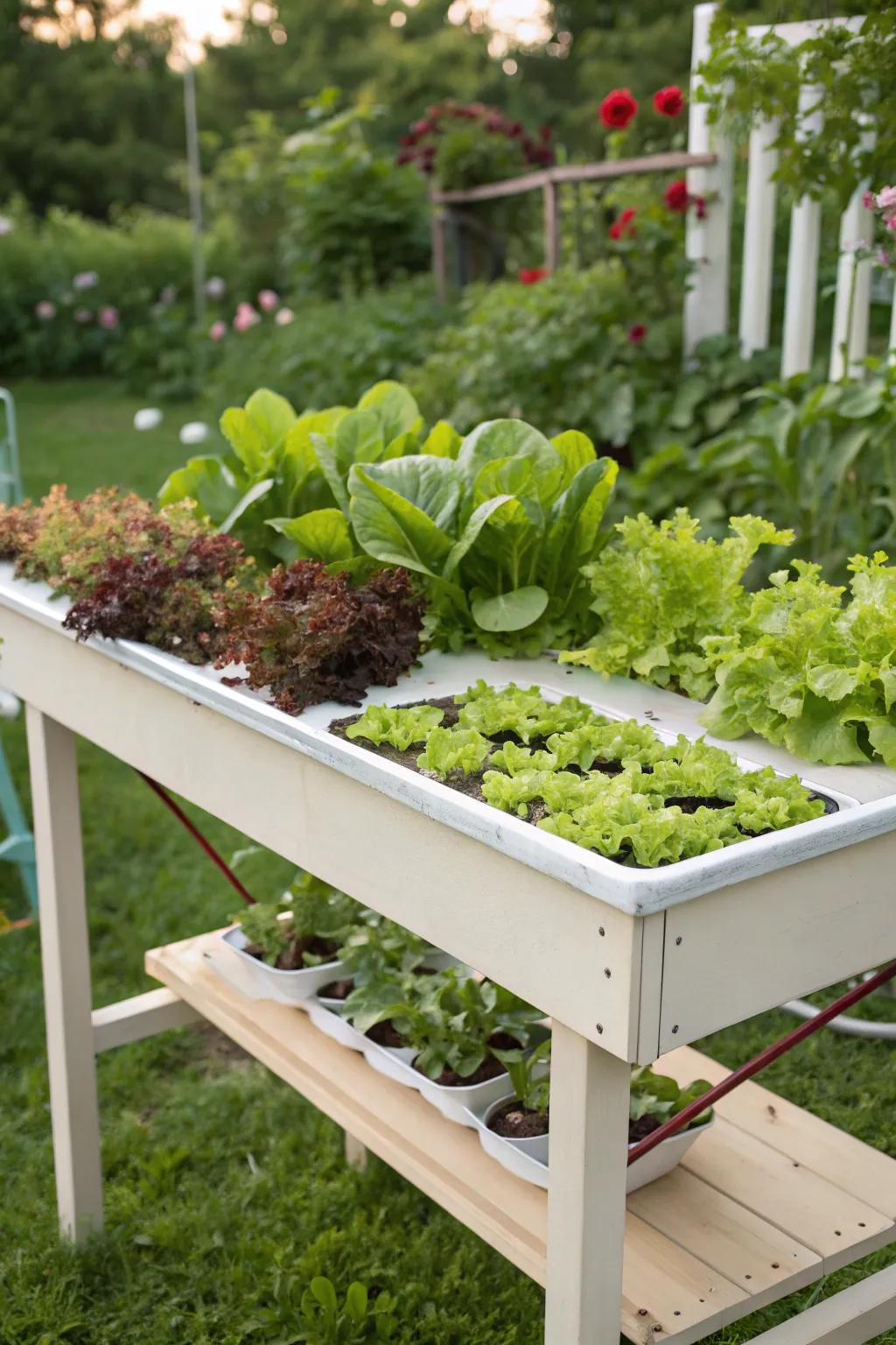 A hydroponic salad table offers fresh greens at your fingertips.