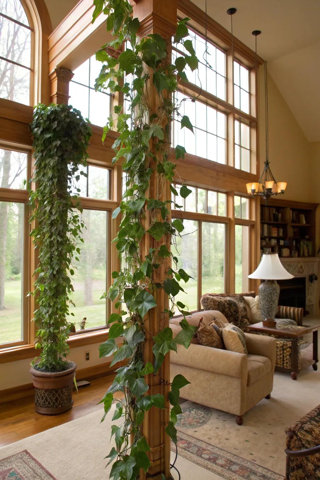 Bring nature indoors with climbing plants on indoor supports.