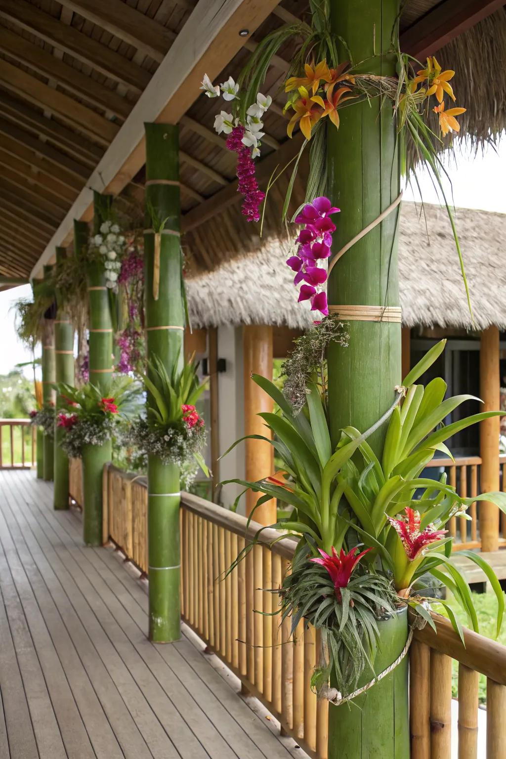 Bamboo poles create a tropical oasis on your porch.