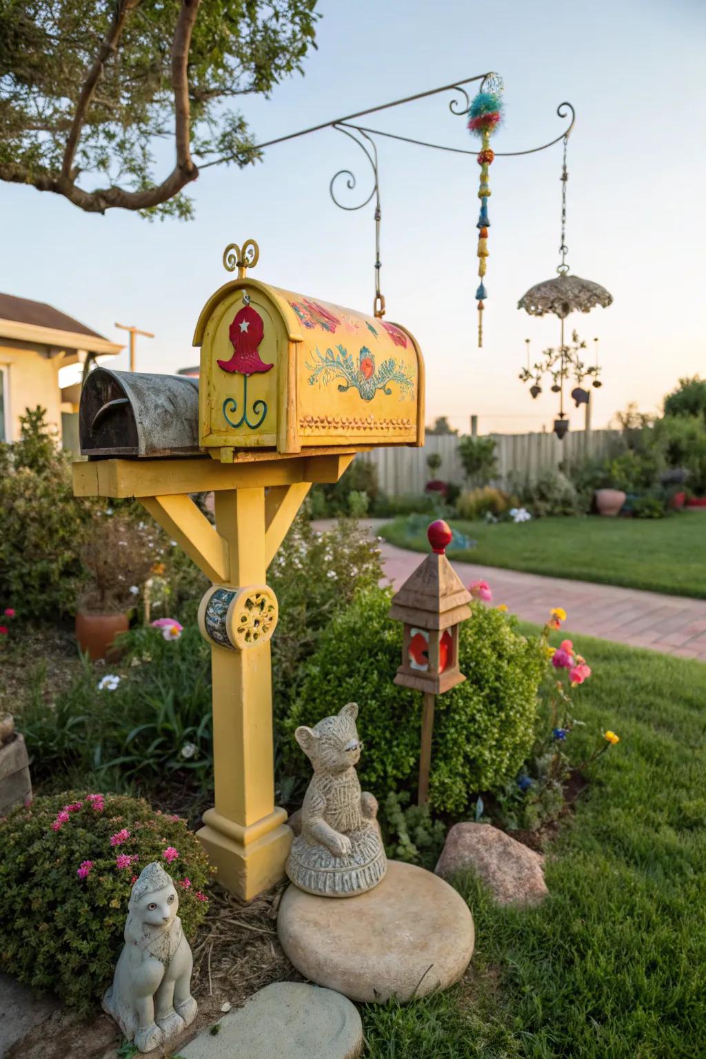 Whimsical elements add personality and charm to your mailbox garden.