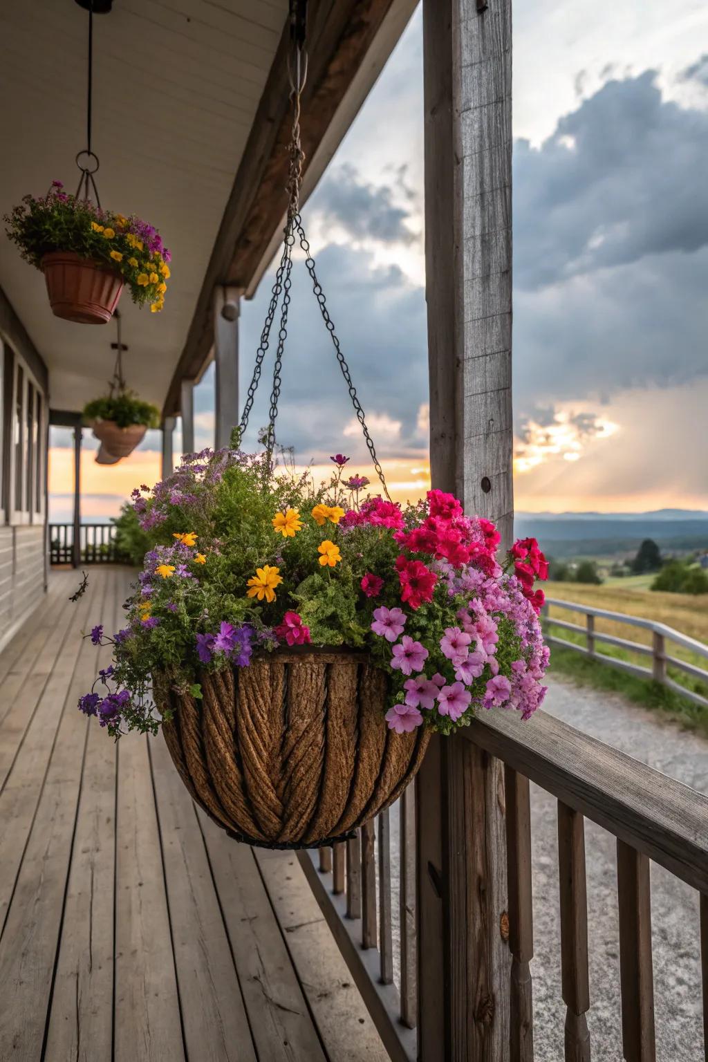 Rustic woven basket with colorful blooms.