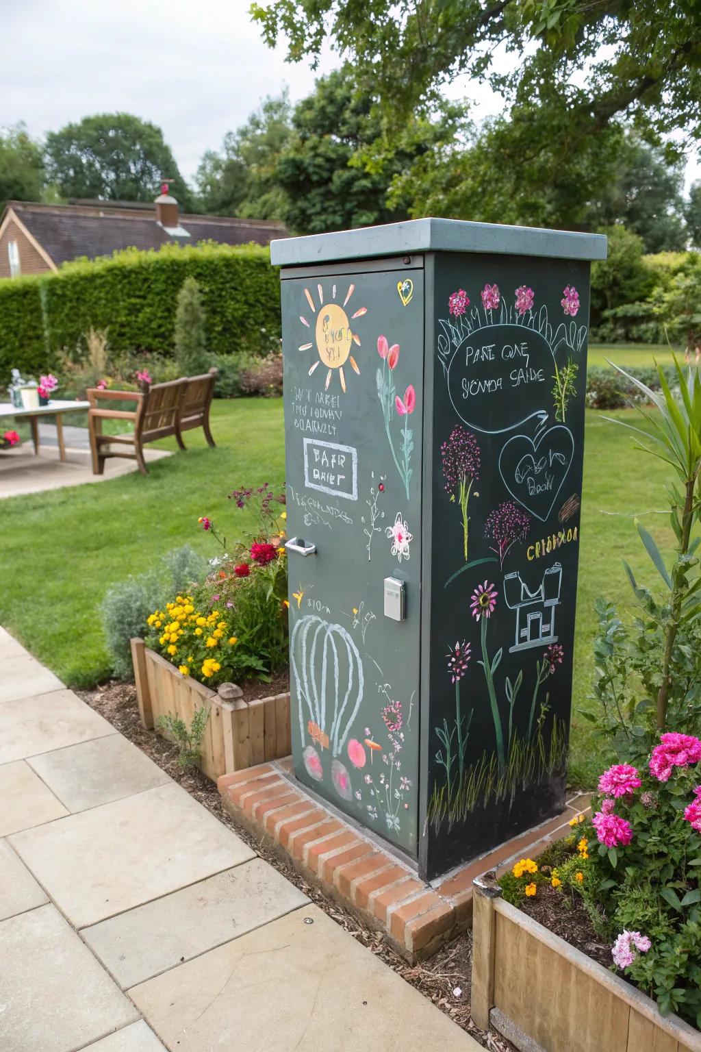 An outdoor chalkboard offers both fun and functionality.
