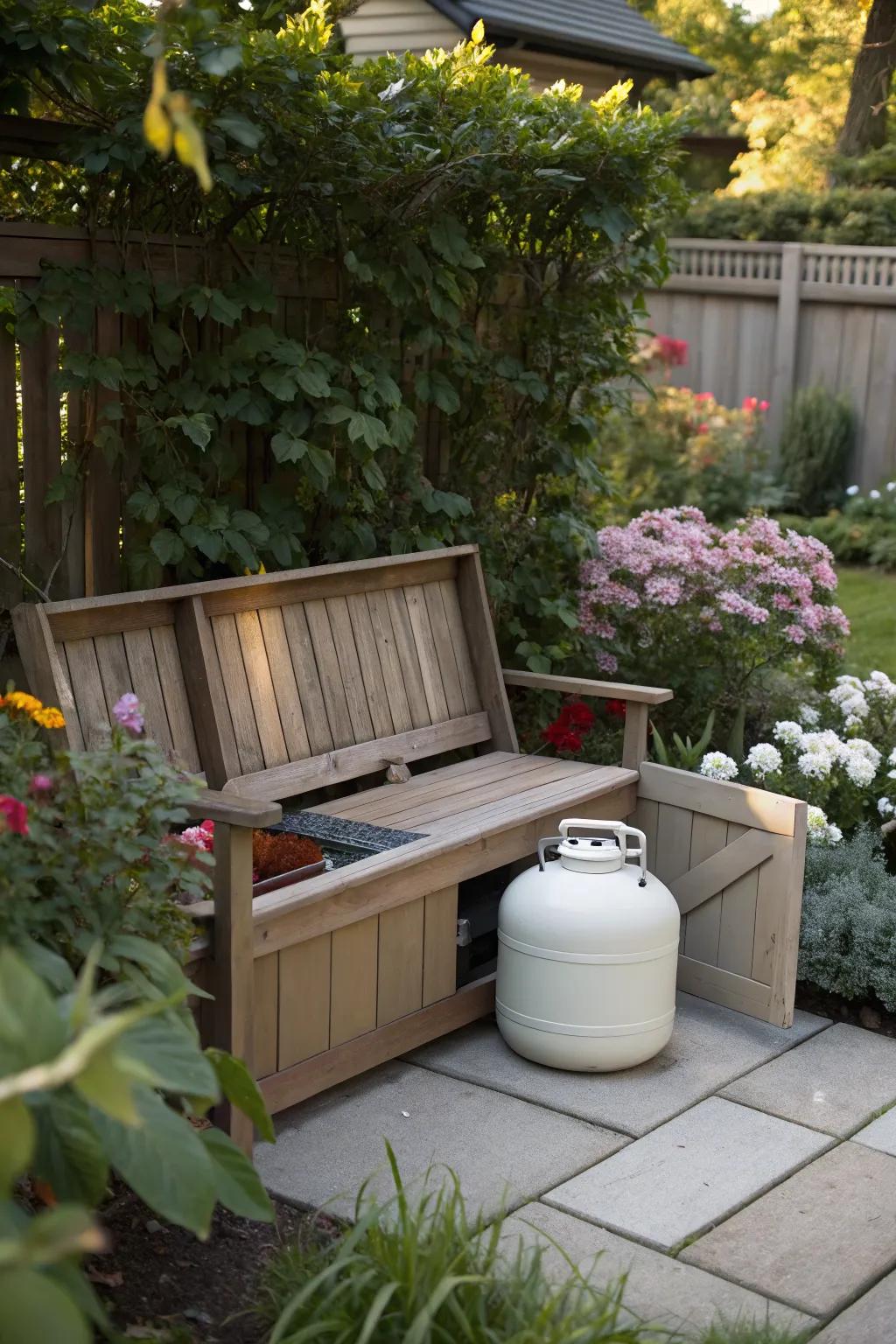 Garden benches with hidden storage offer a practical concealment solution.