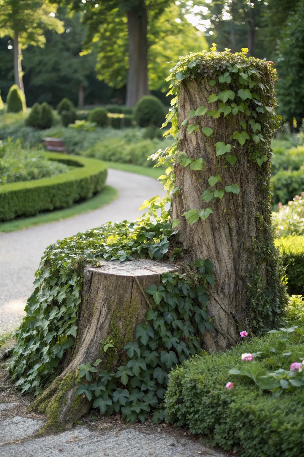 Climbing vines elegantly cloak a tree stump.