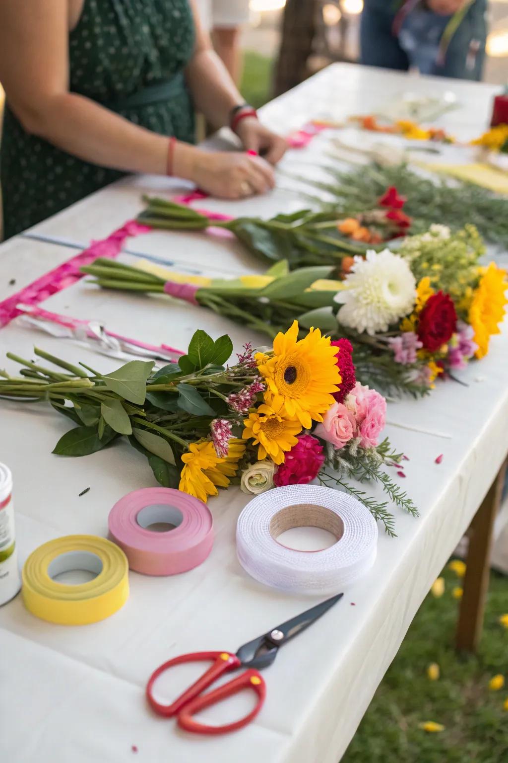 Guests can create their own flower crowns as a fun party activity.