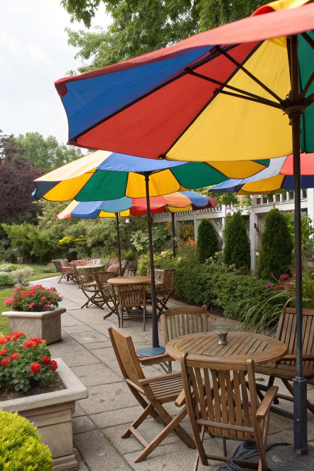 Patio with colorful umbrellas for stylish shade