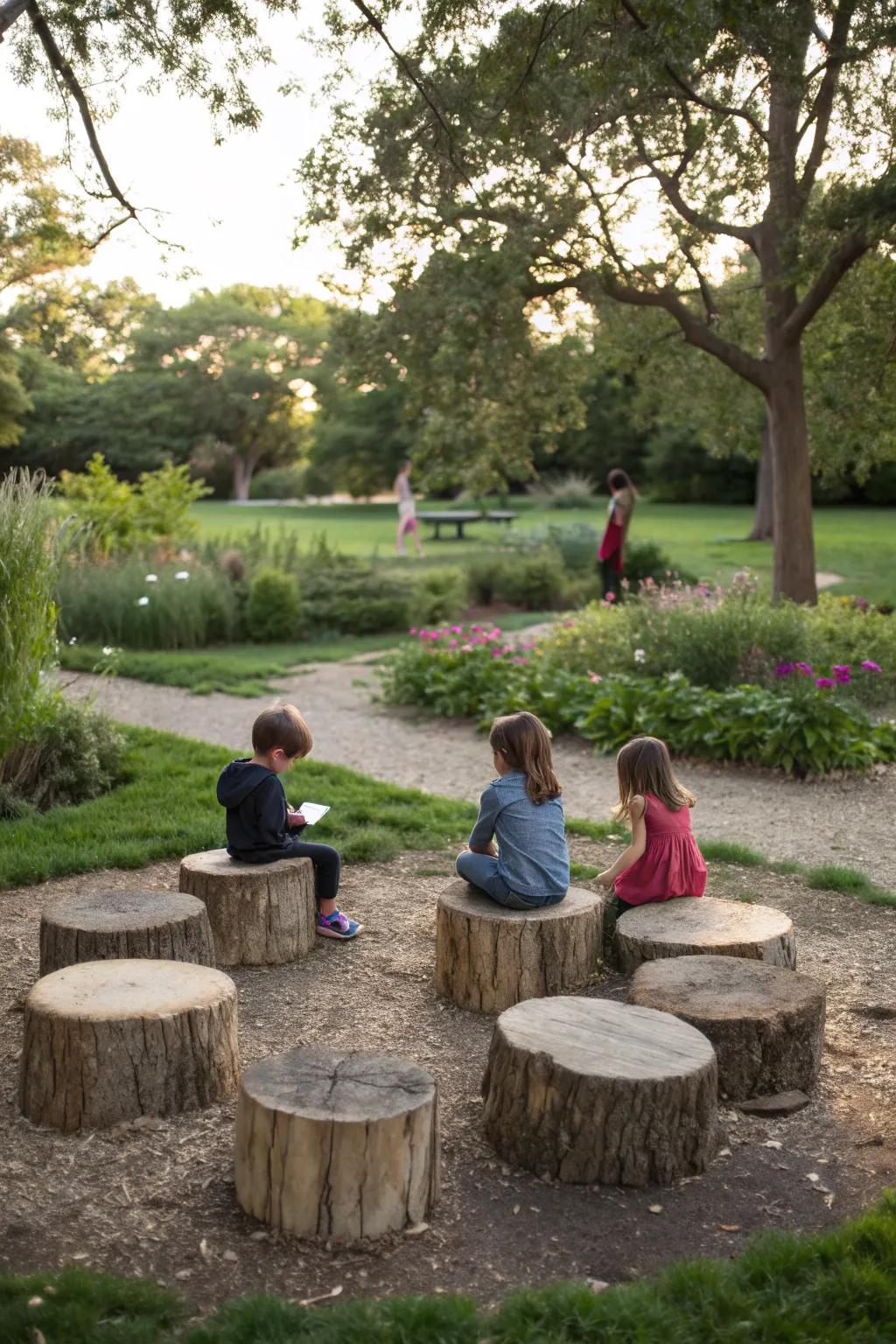 Tree stumps offer natural and versatile seating.