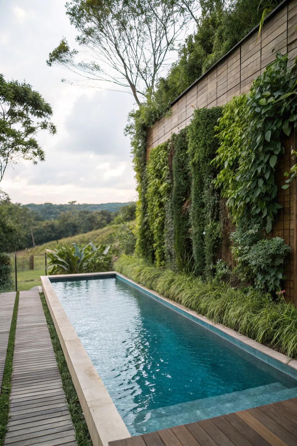 Vertical landscaping adds lush greenery to this poolside.