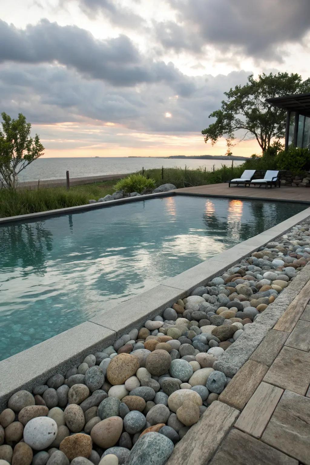 Pebble beach themes offer a coastal charm to poolside areas.
