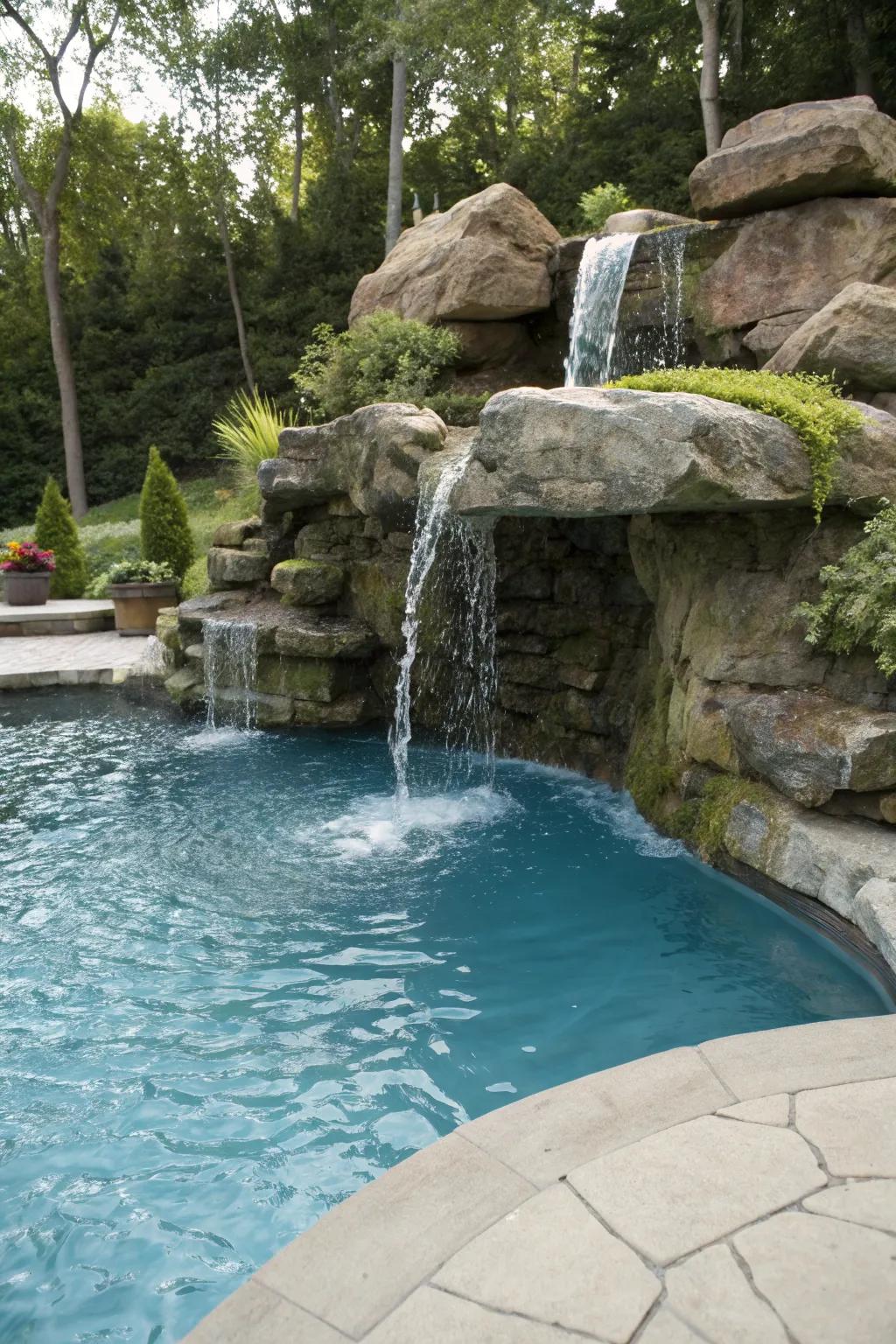 A serene rock waterfall cascading into an inground pool.