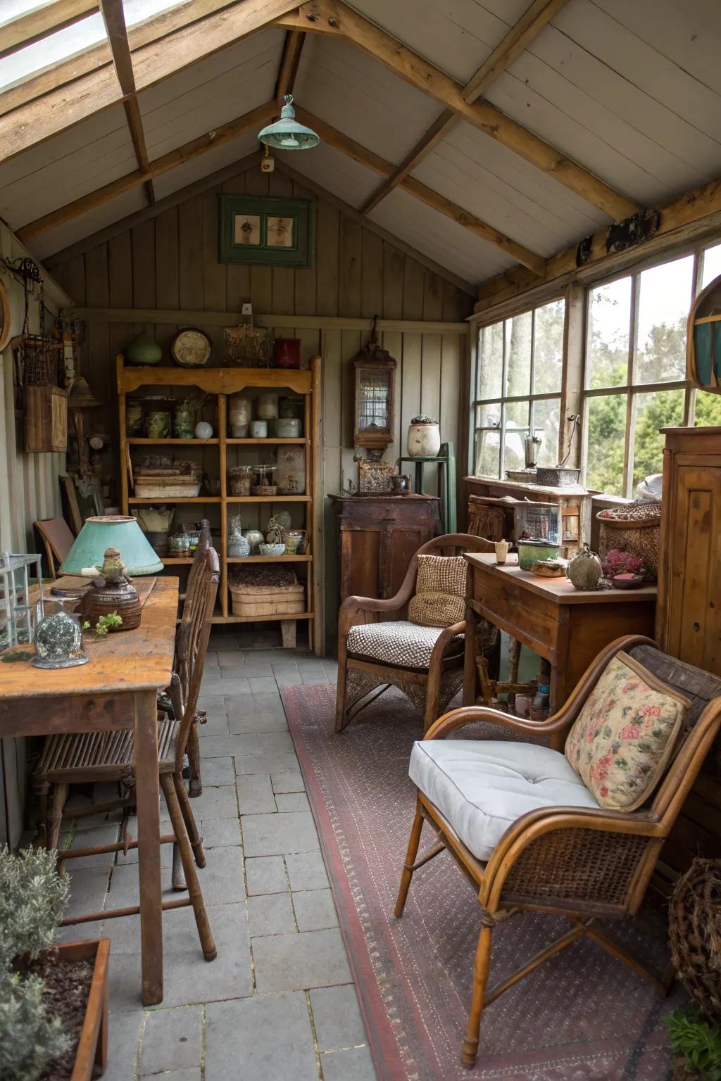 Add character to your shed with a collection of antique decor.