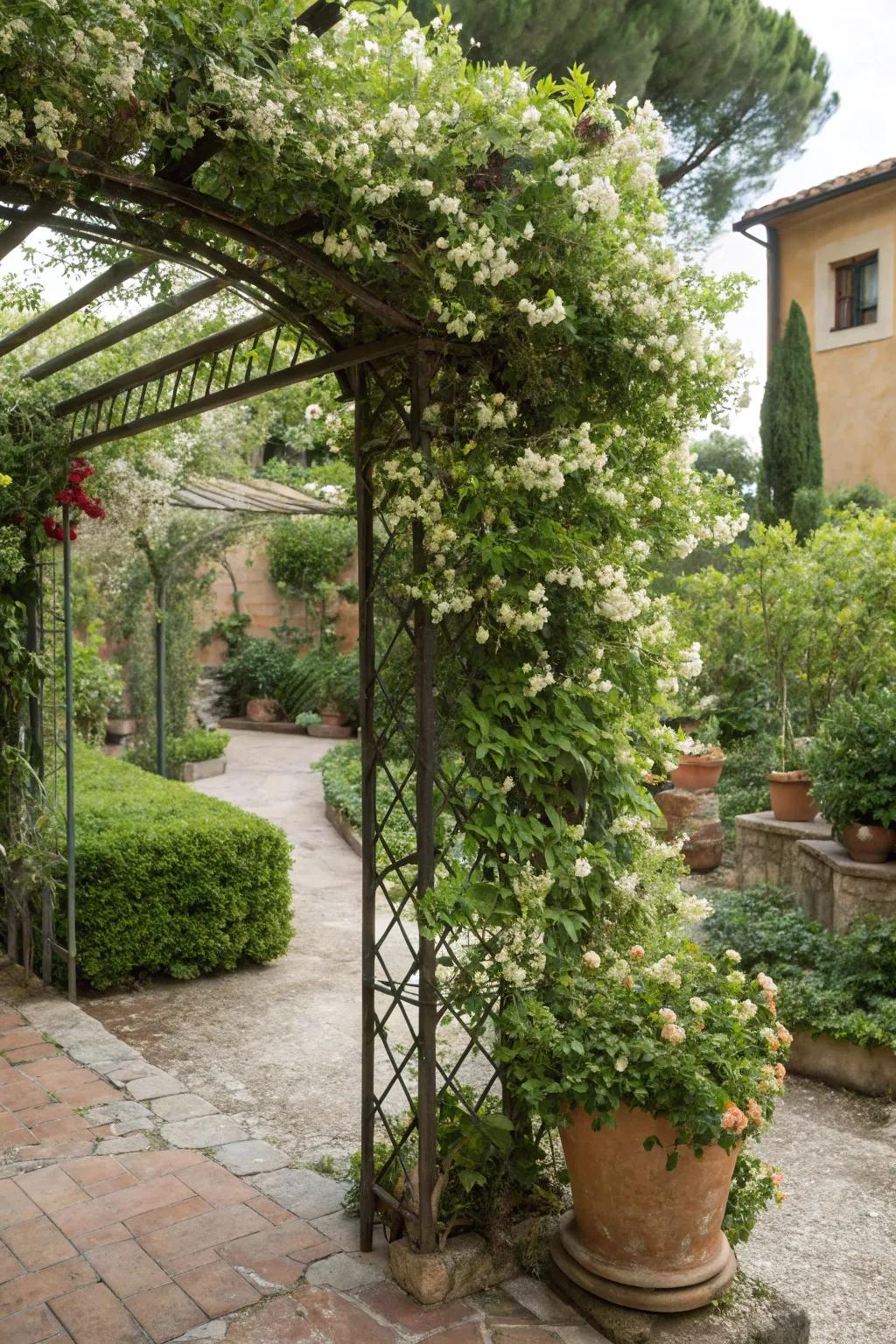 Vertical gardening with trellises adds height and lush greenery.
