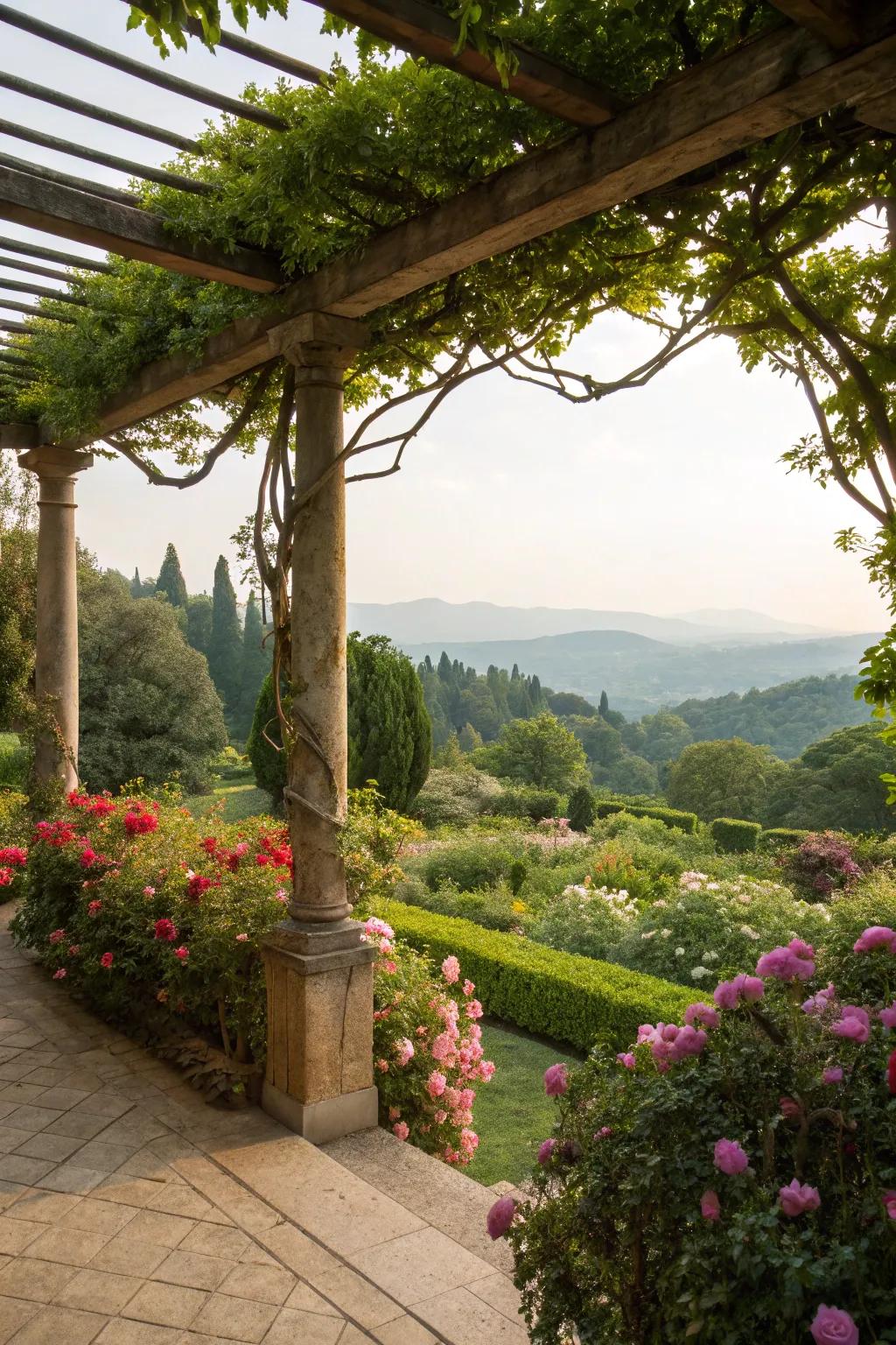 A pergola perfectly positioned to enjoy breathtaking garden views.
