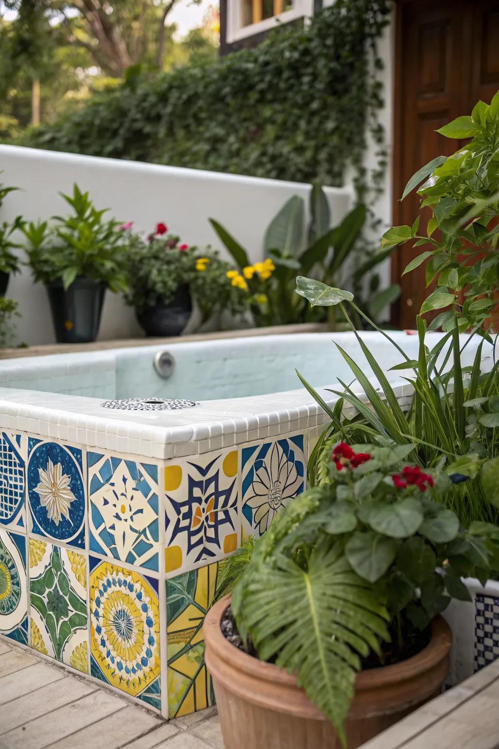 A vibrant jacuzzi area enhanced with stylish decorative tiles