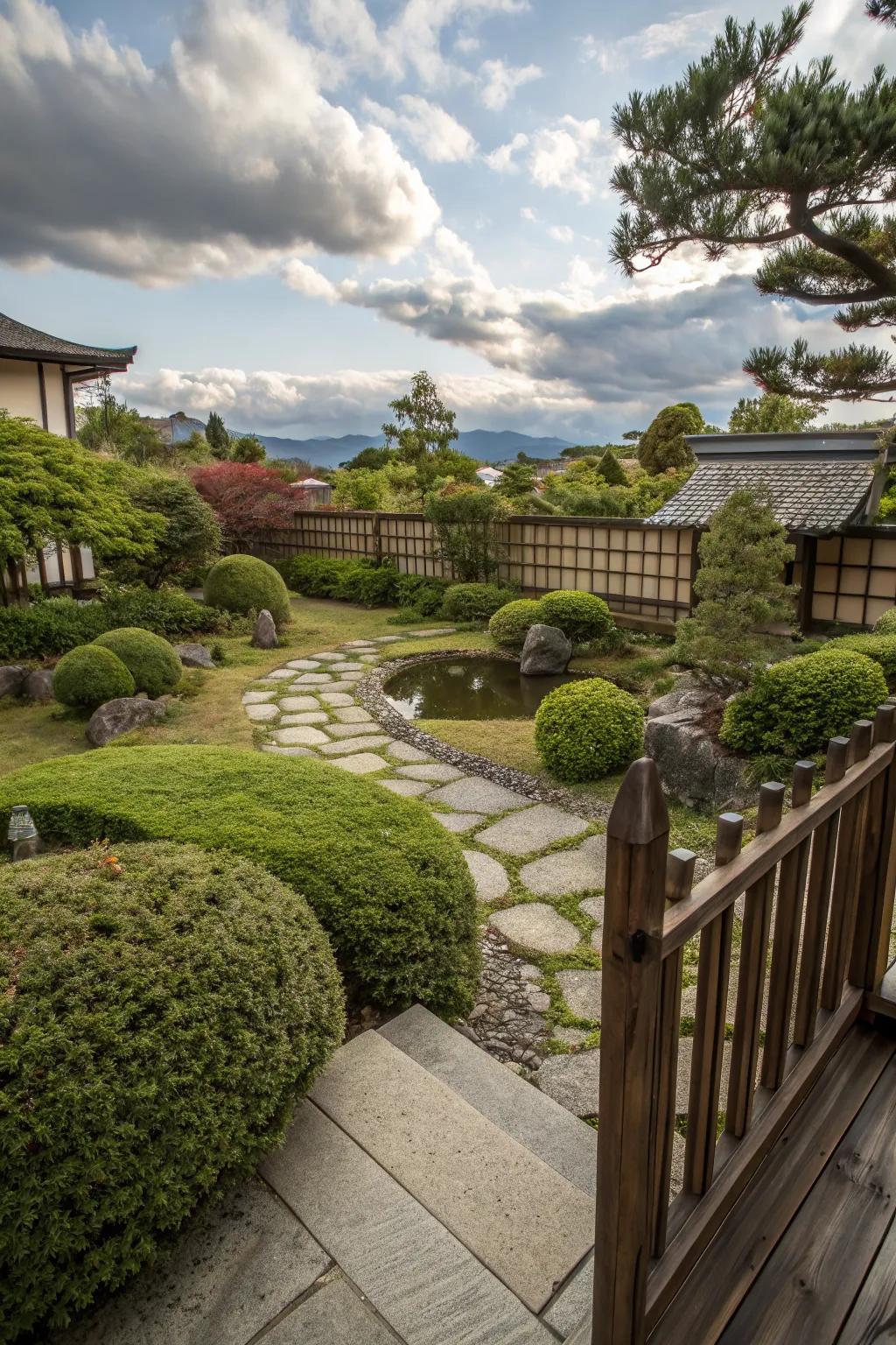 Strategically placed elements framing borrowed scenery in a Japanese backyard.
