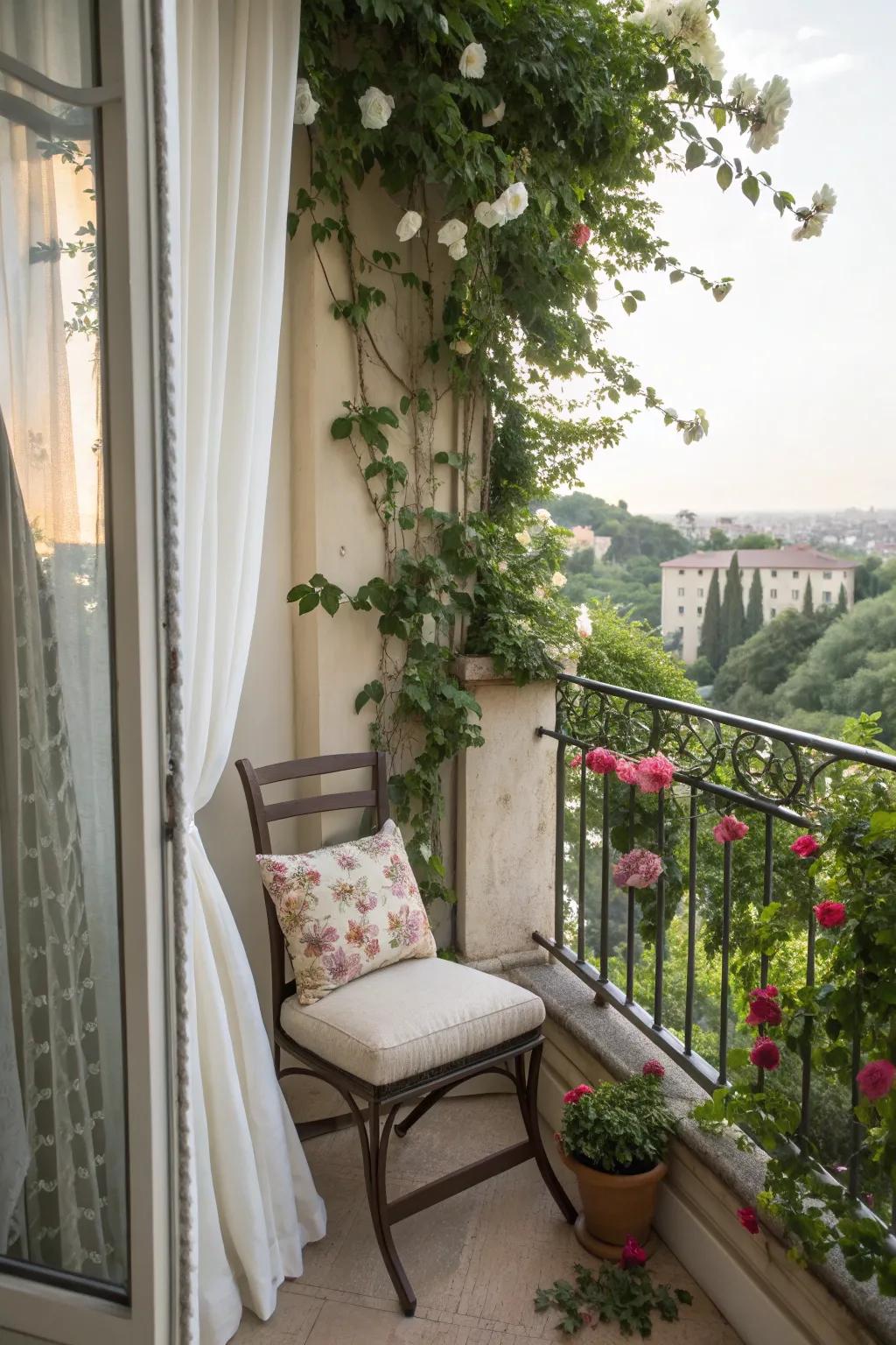 A cozy corner on a Juliet balcony perfect for reading.