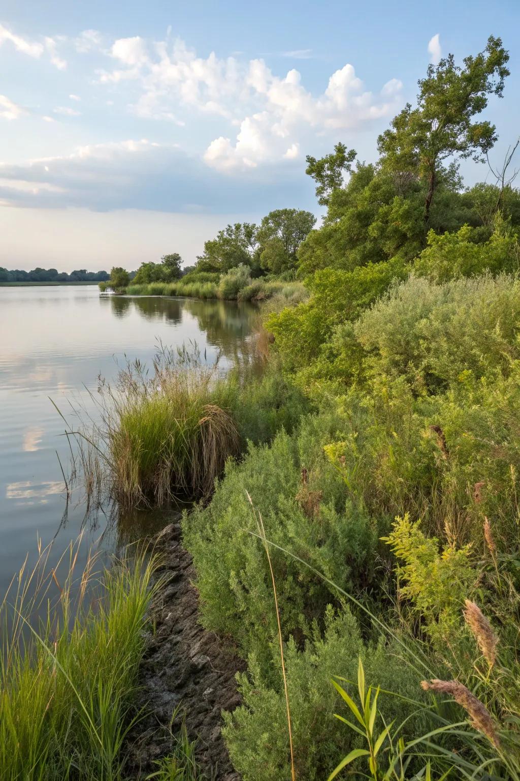 Native plants providing stability and habitat along the shore.