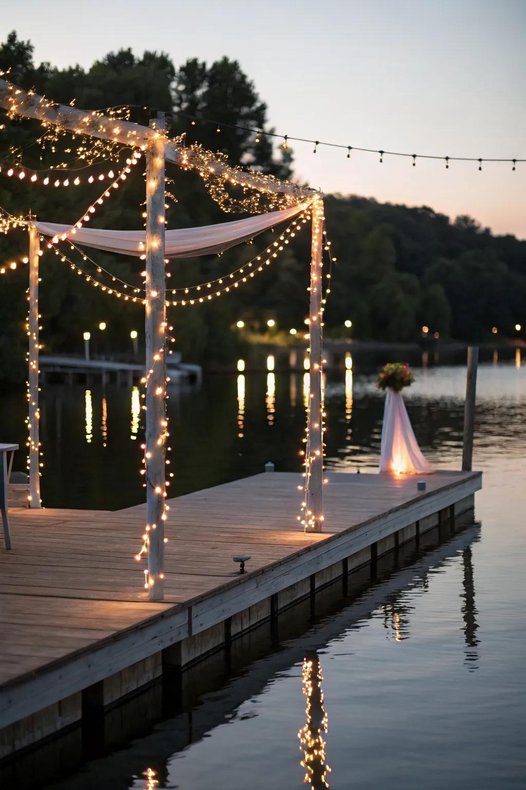 String lights bring a festive and enchanting vibe to this dockside gathering.