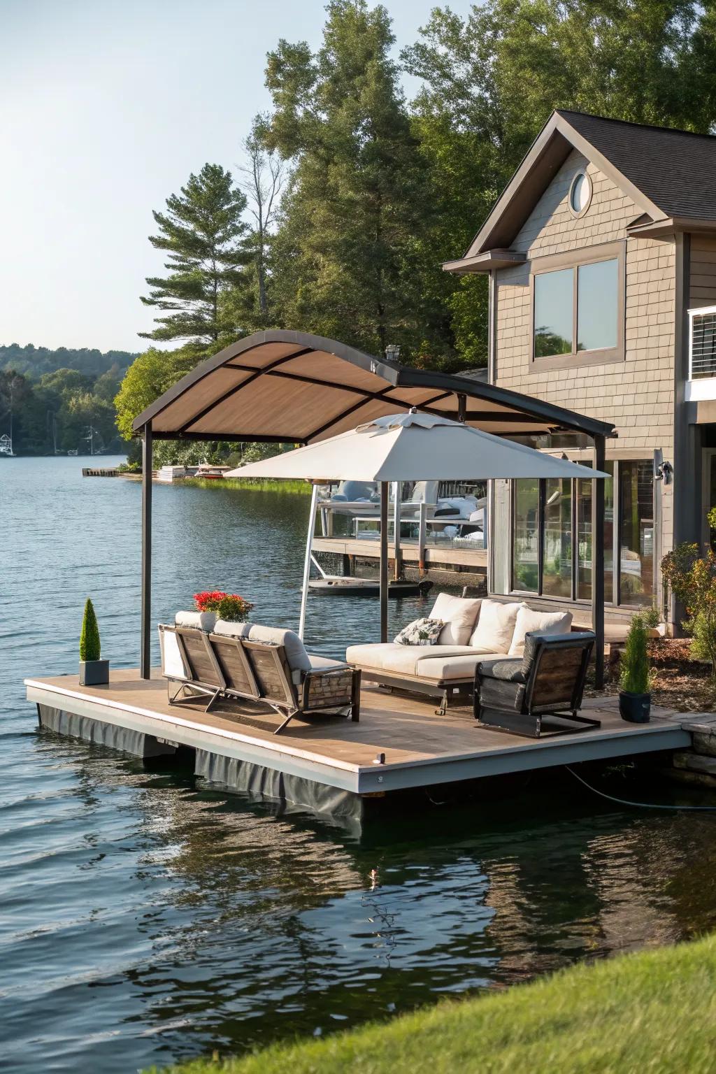 Elevate relaxation with a floating lounge offering a one-of-a-kind lake experience.