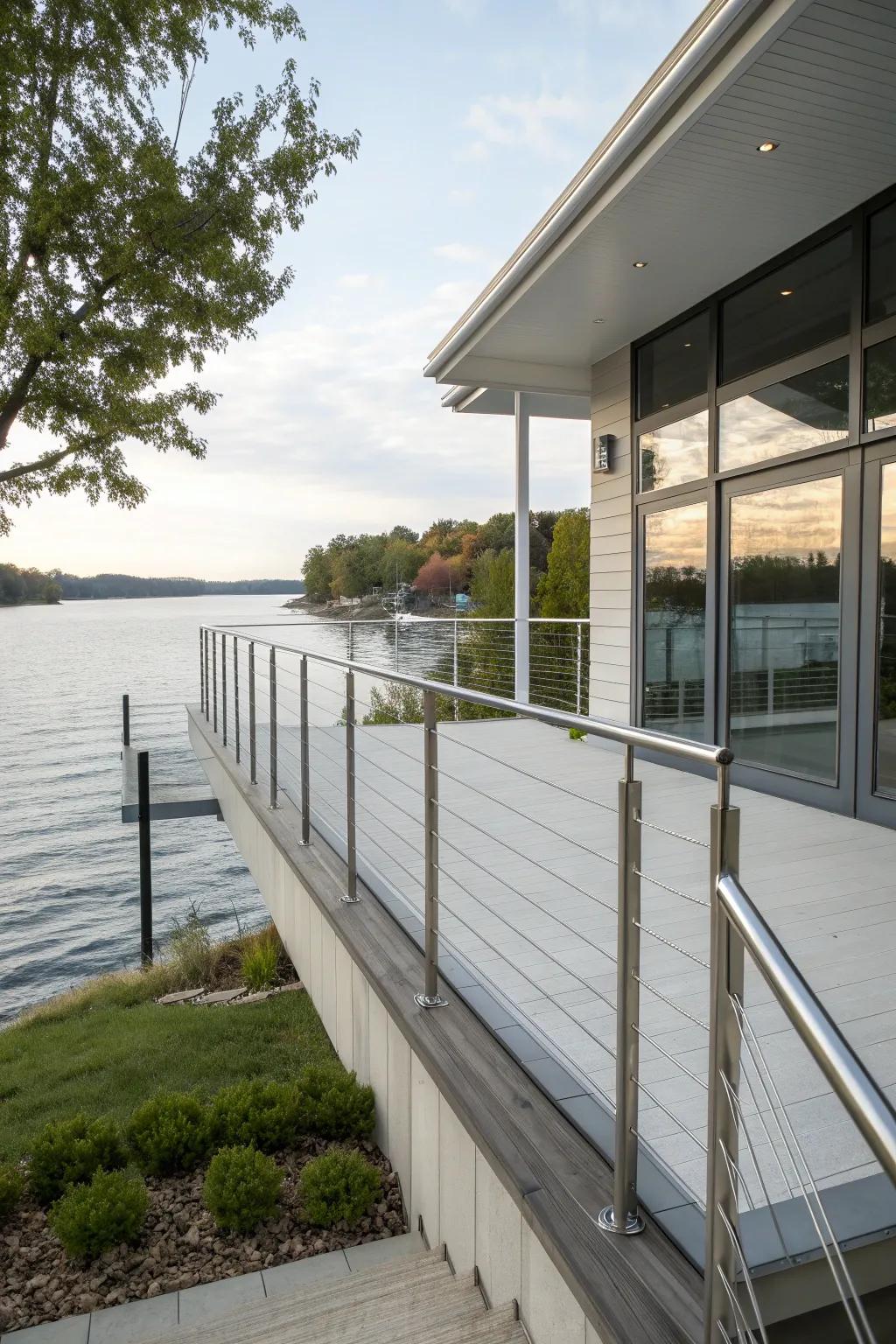 Minimalist steel cable railings for unobstructed views.