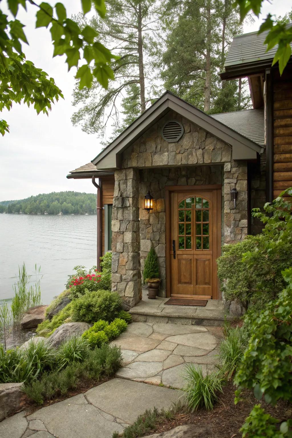 Natural materials like stone and wood blend with the environment.