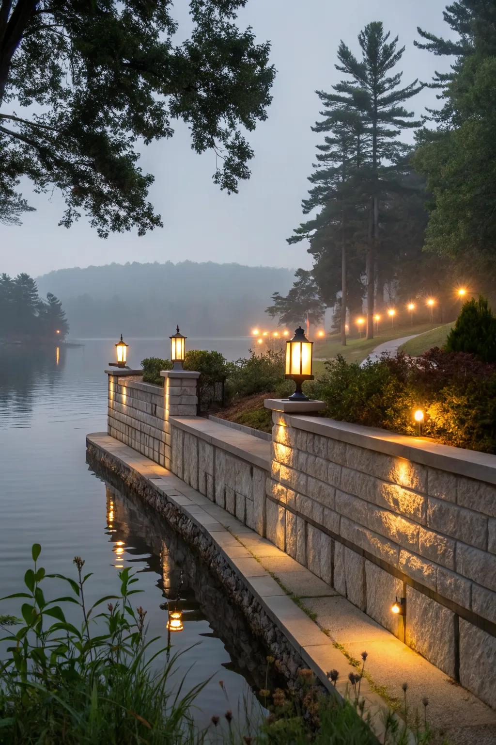 Ambient lighting along the retaining wall enhances the lakeside ambiance.