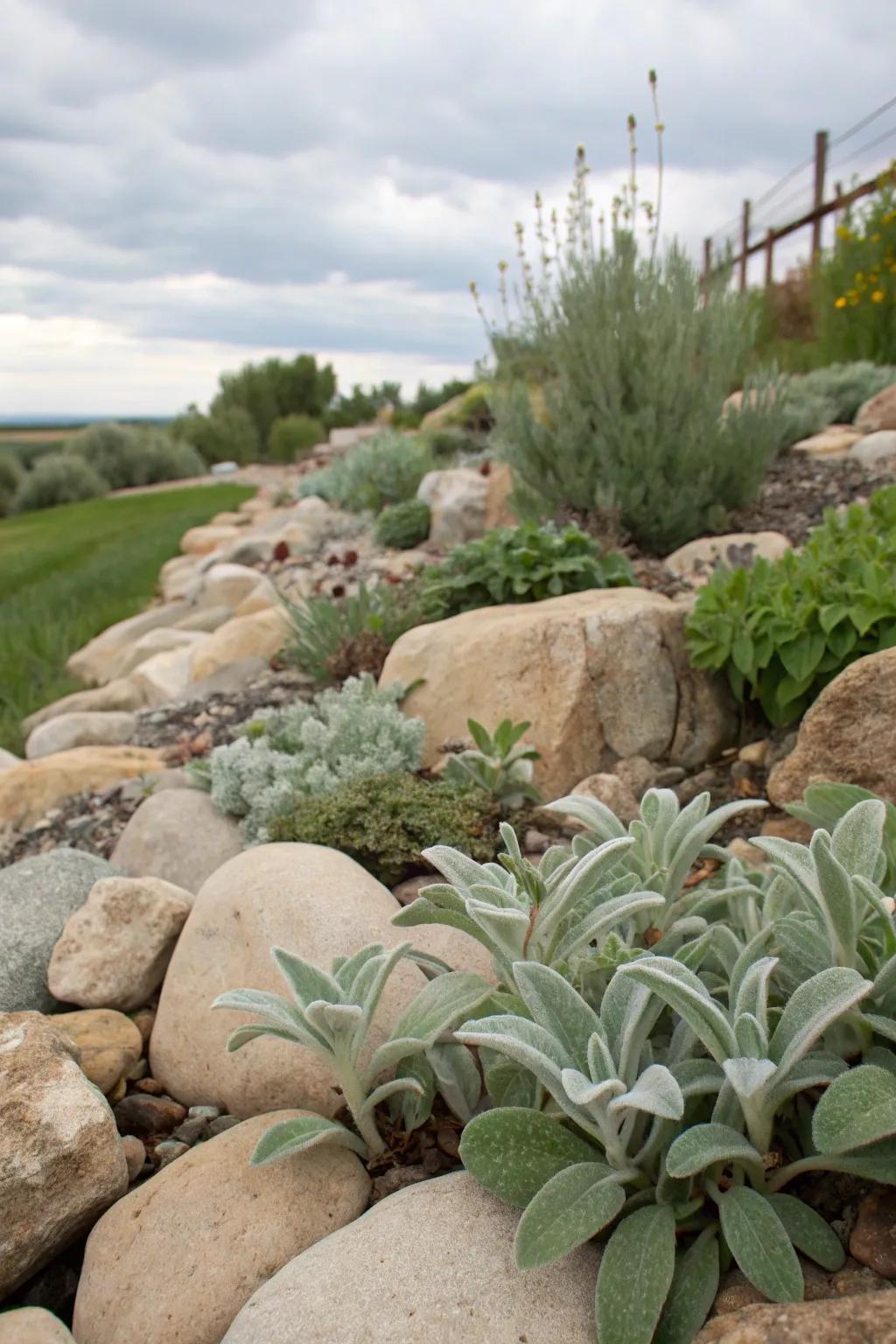 Lamb's ear softens the edges in a natural rock garden.
