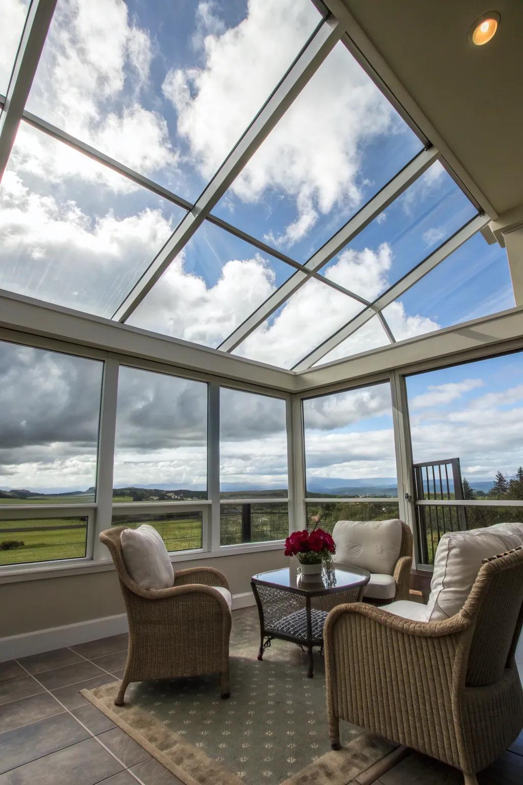 Glass panels offer stunning sky views and natural light.