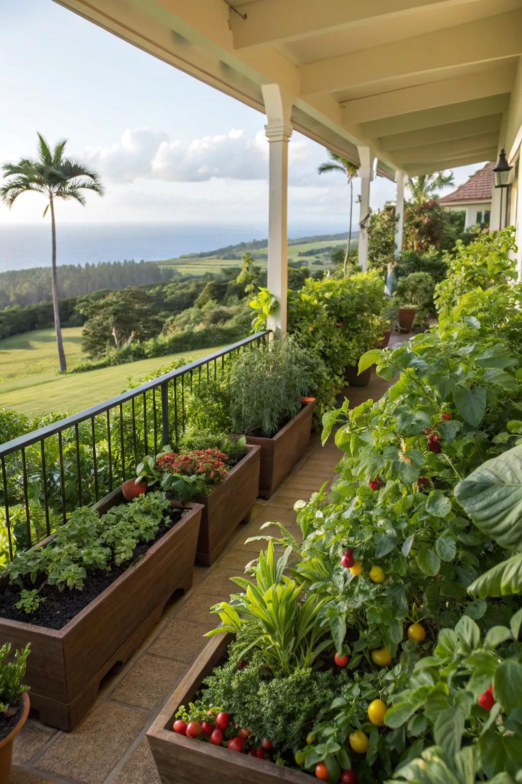 A lanai with edible plants, offering fresh flavors and lush greenery.