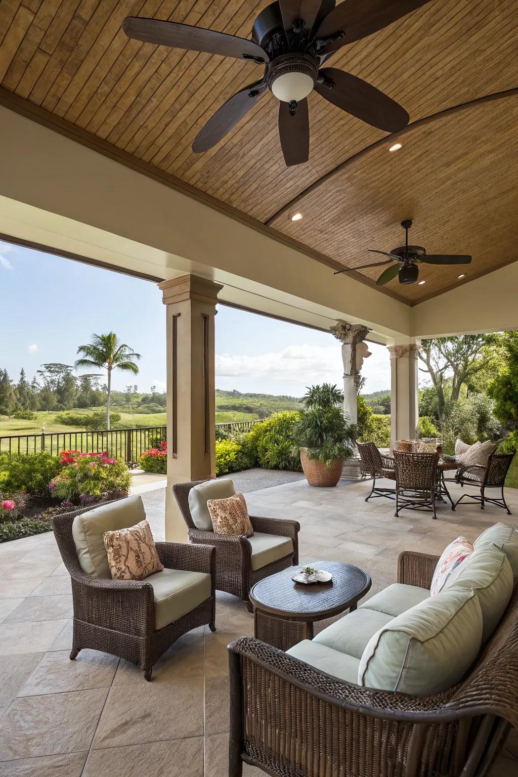 Ceiling fans add function and style to this lanai.