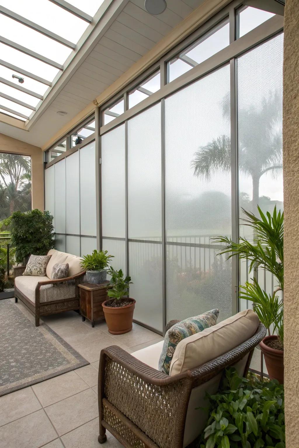 Frosted glass panels offer privacy with a minimalist flair.