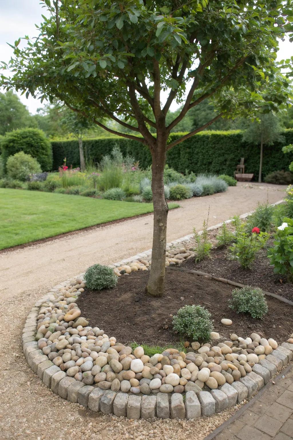 Edging that neatly frames a tree and its surroundings.