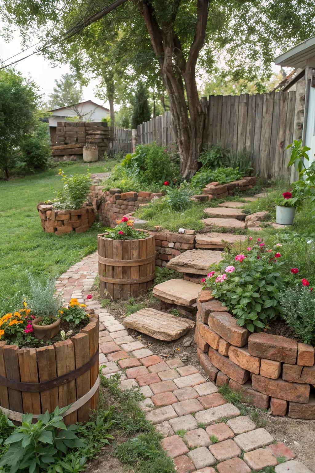 Innovative use of recycled materials for unique garden decor.