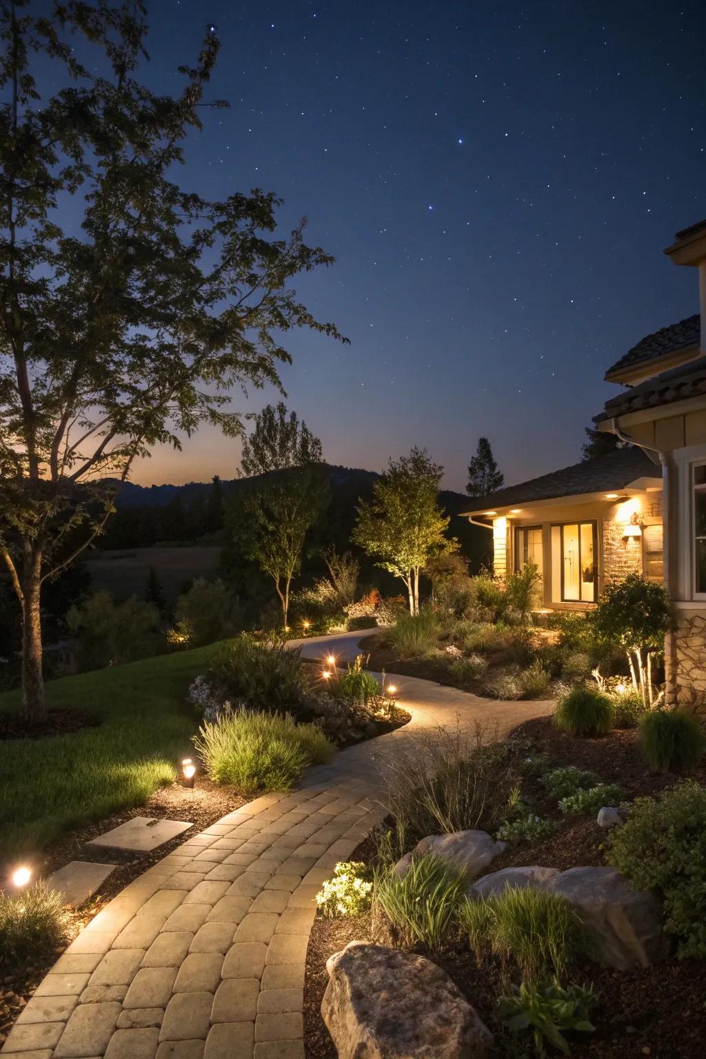 Landscape lighting enhances the garden's charm at night