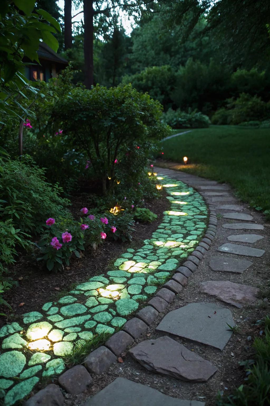 Enchanting glow-in-the-dark stones lighting up the garden.