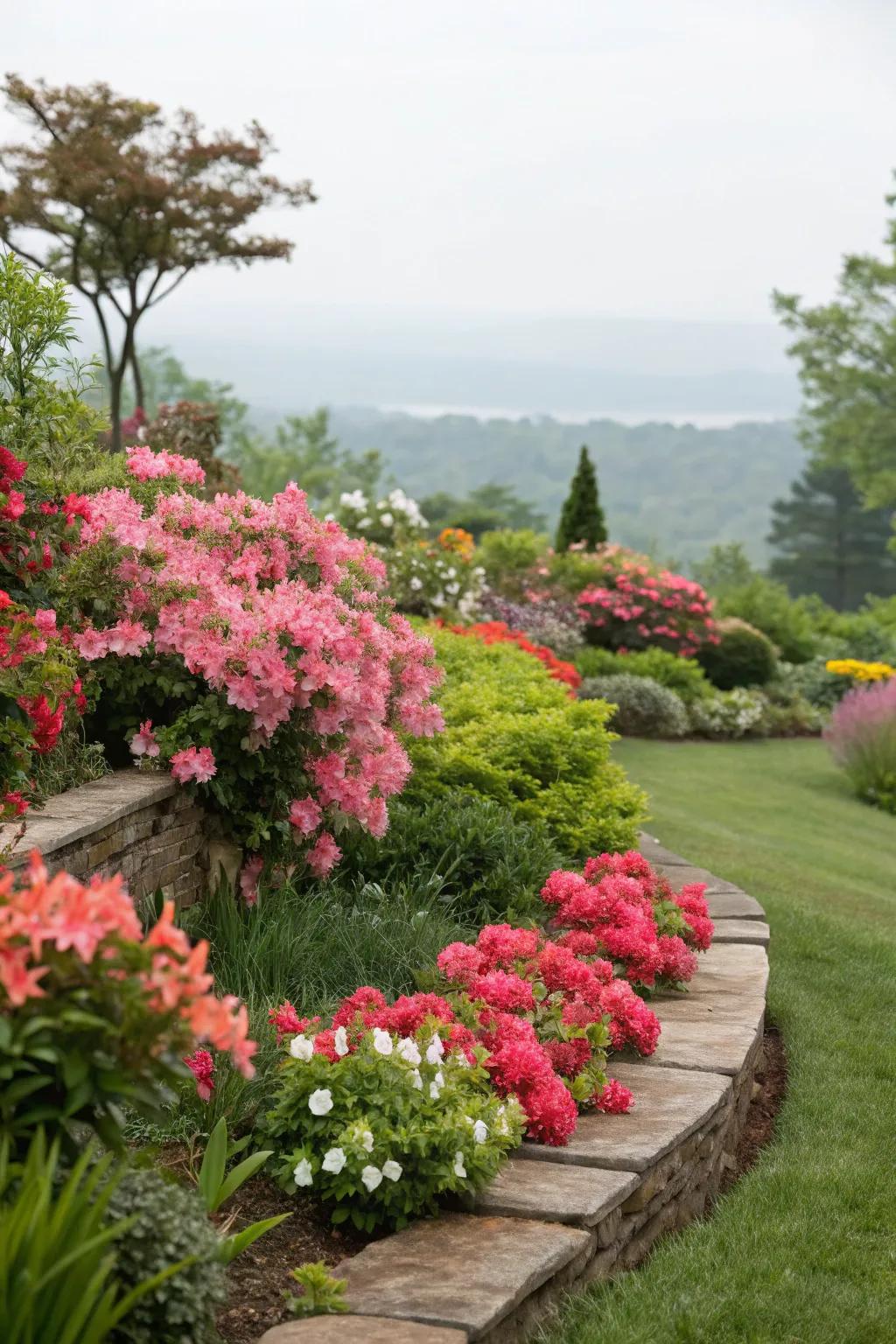 Layered garden bed with Encore Azaleas adding depth.