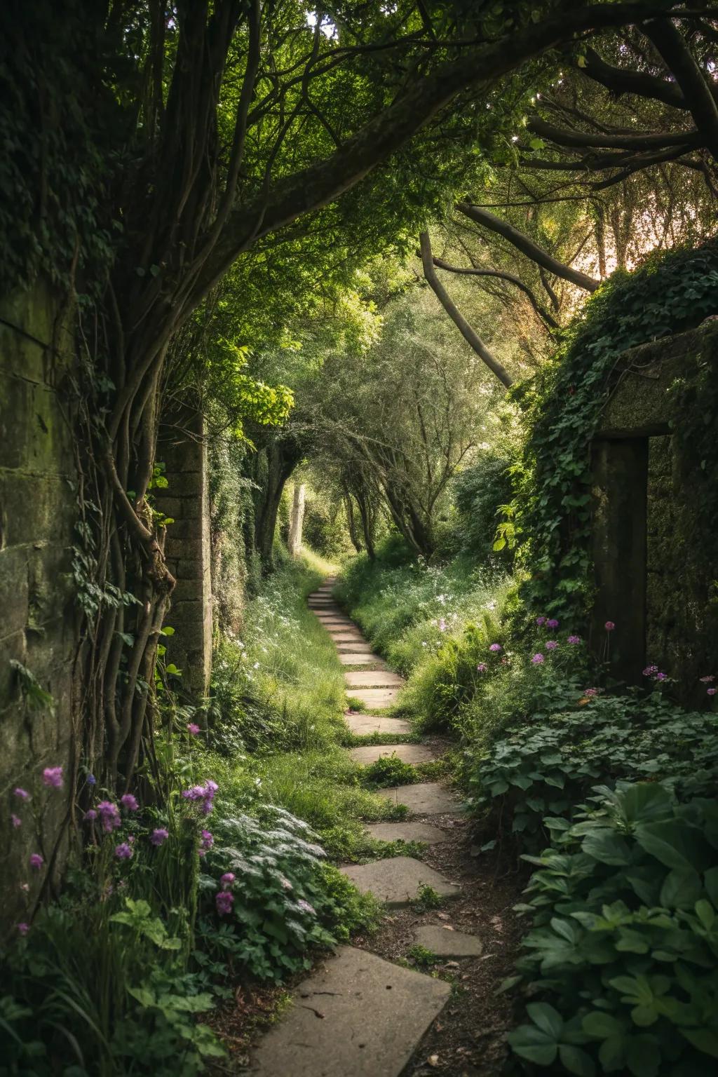 A whimsical secret garden with hidden pathways.