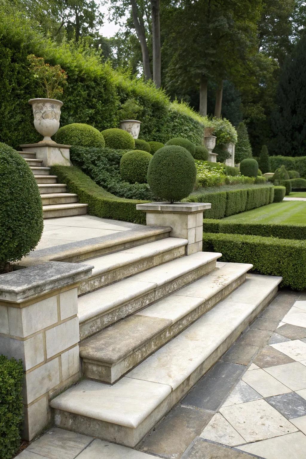 Stone risers lend elegance to garden steps.