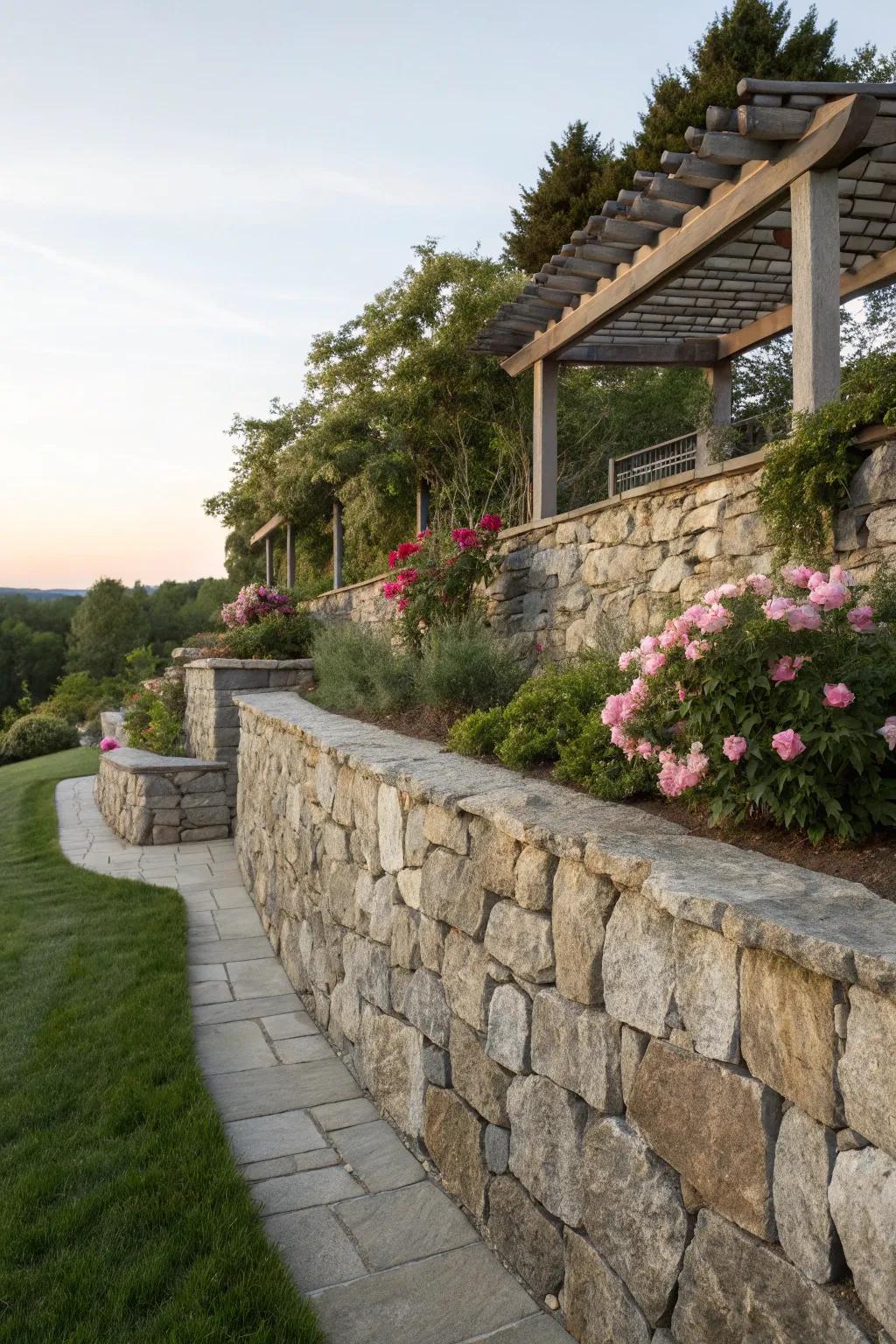 A dramatic stone retaining wall enhancing the garden's structure.
