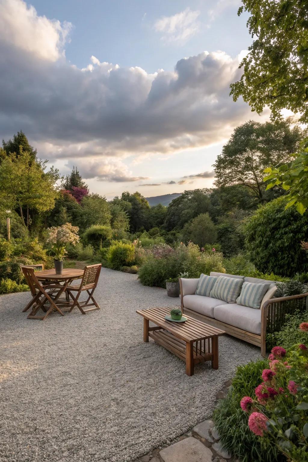 A chic gravel patio offering a laid-back outdoor retreat.