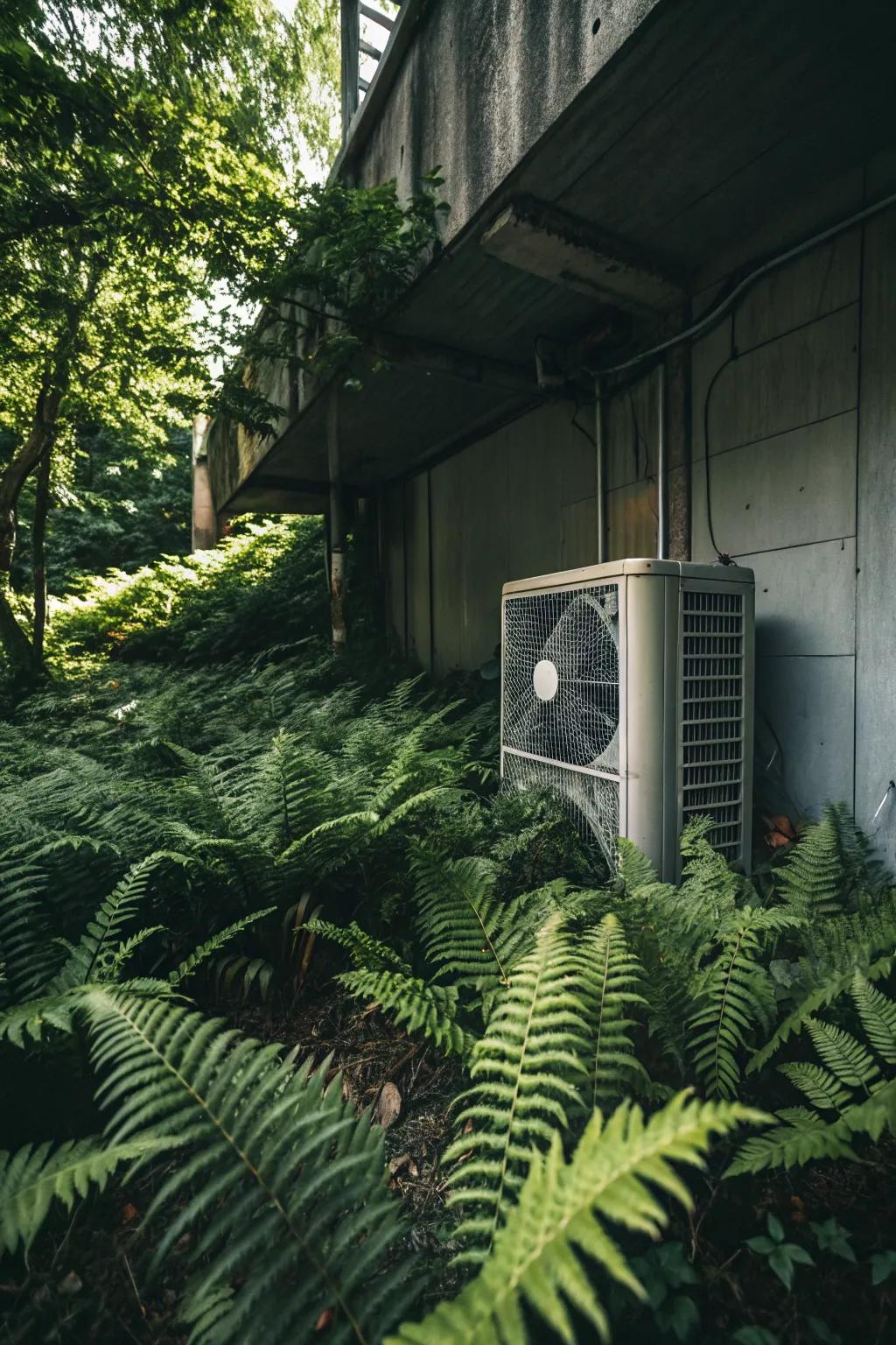 Lush ferns offering a cool, inviting cover for an AC unit.