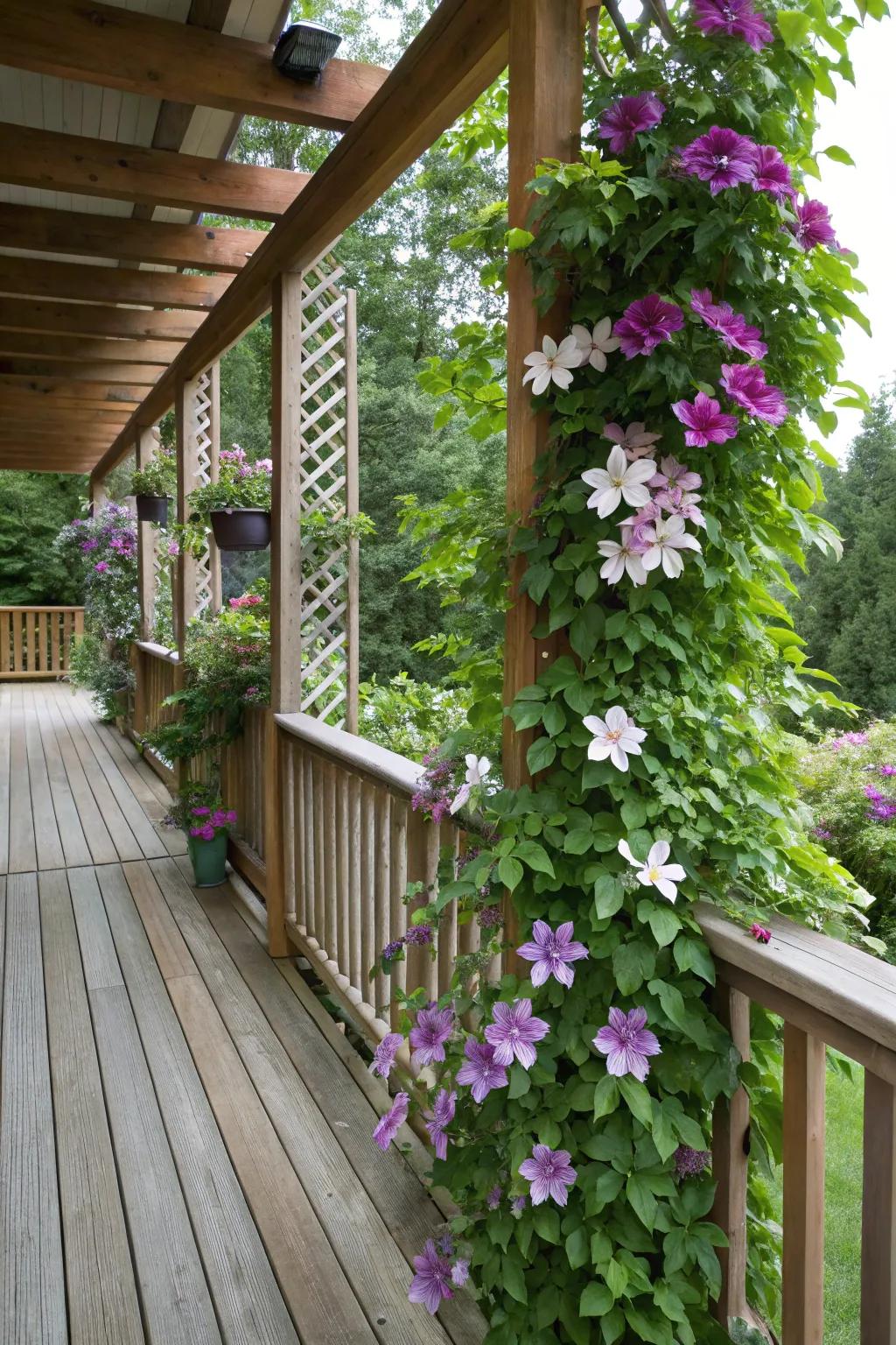 Trellises with climbing clematis create a living wall, adding vertical interest to the deck.