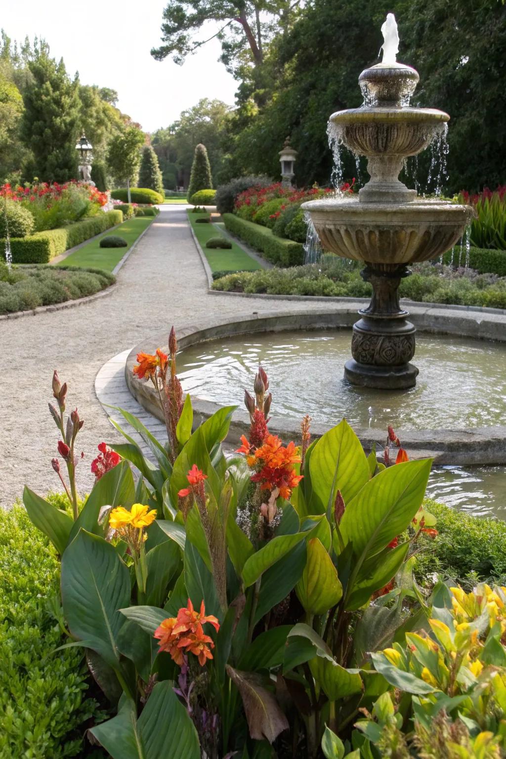 A lush display of water-loving plants flourishing by a fountain.