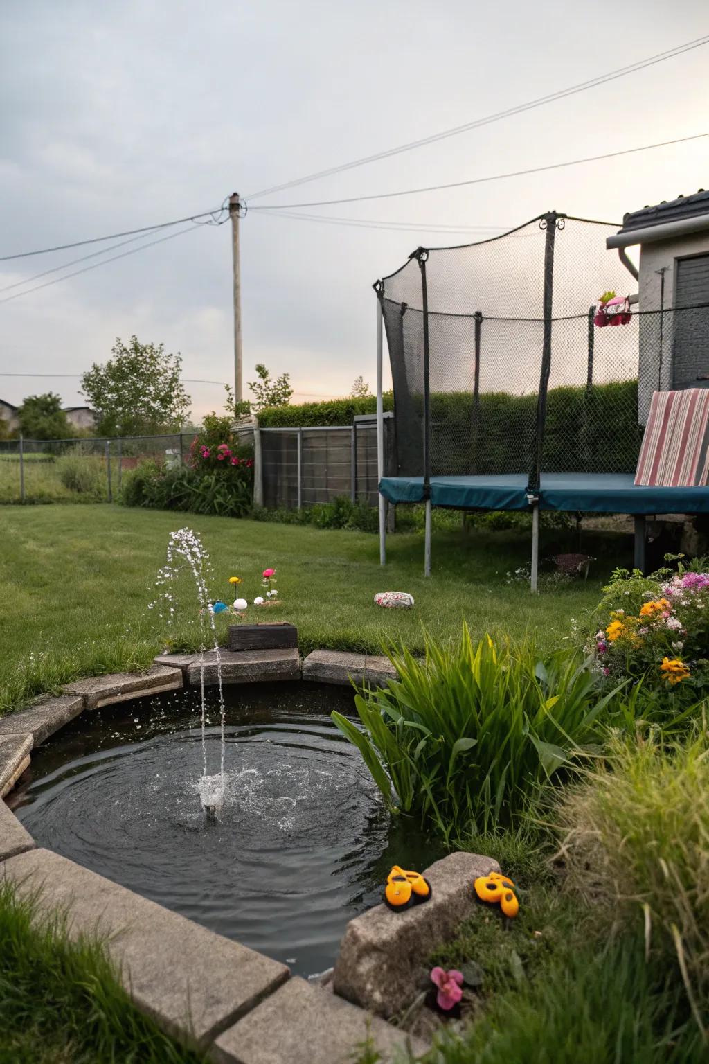 A water feature adds a calming ambiance to the play area.
