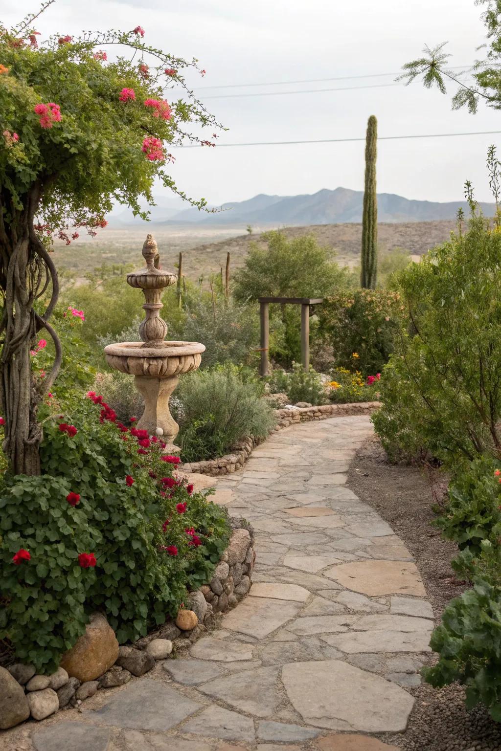 A charming stone pathway leading to a decorative garden feature.