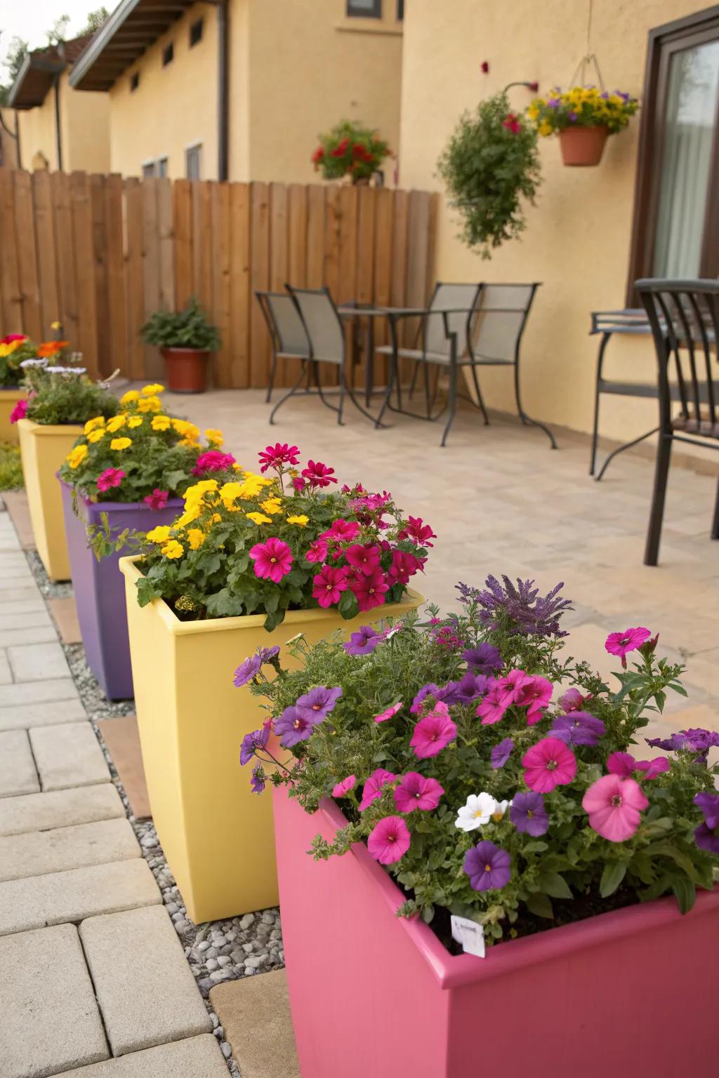 Colorful planters add vibrancy to patio landscaping.